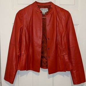 NEW! WORTH Orange Cropped Peplum Pleated Genuine Leather Jacket Size 6